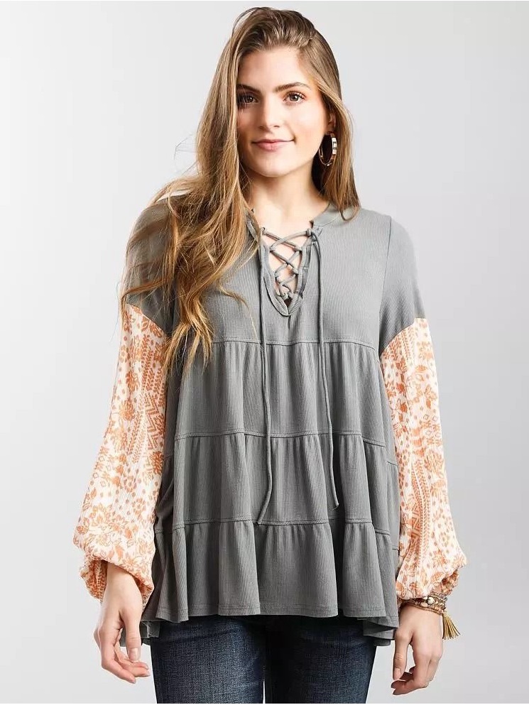 Gimmicks By Bke Gray Lace-Up Peasant Tunic With Peach Floral Sleeves